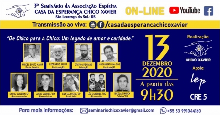 Casa da Esperança Chico Xavier de São Lourenço do Sul promoverá Seminário Virtual com nomes nacionais