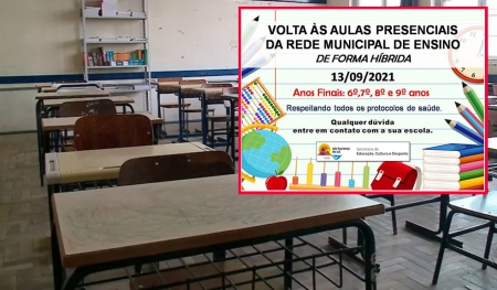 Na próxima segunda-feira (13) acontece a volta às aulas presenciais (híbrida) na rede municipal de ensino do 6º, 7º, 8º e 9º ano
