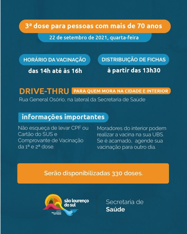 3ª dose para pessoas com mais de 70 anos acontece dia 22 de setembro
